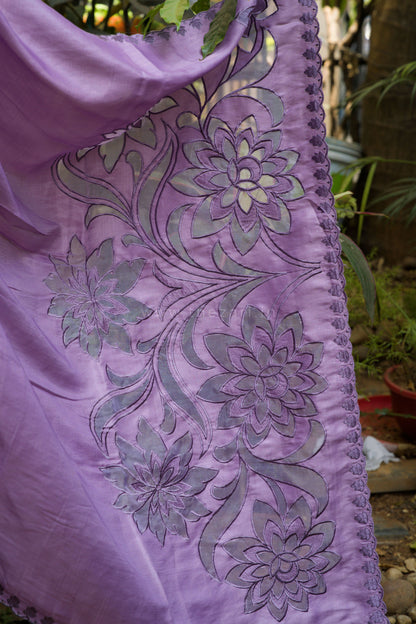 Lavender Tussar Saree with Aplique work