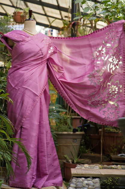 Pink Tussar Saree with Aplique work