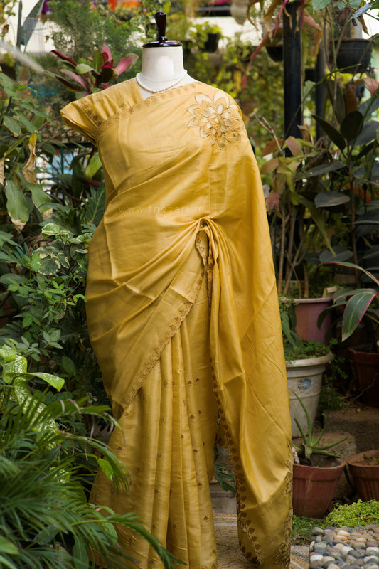 Yellow Tussar Saree with Aplique work