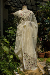 White Linen Tissue saree with Korean work