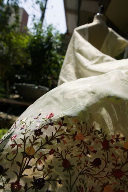 White Linen Tissue saree with Korean work