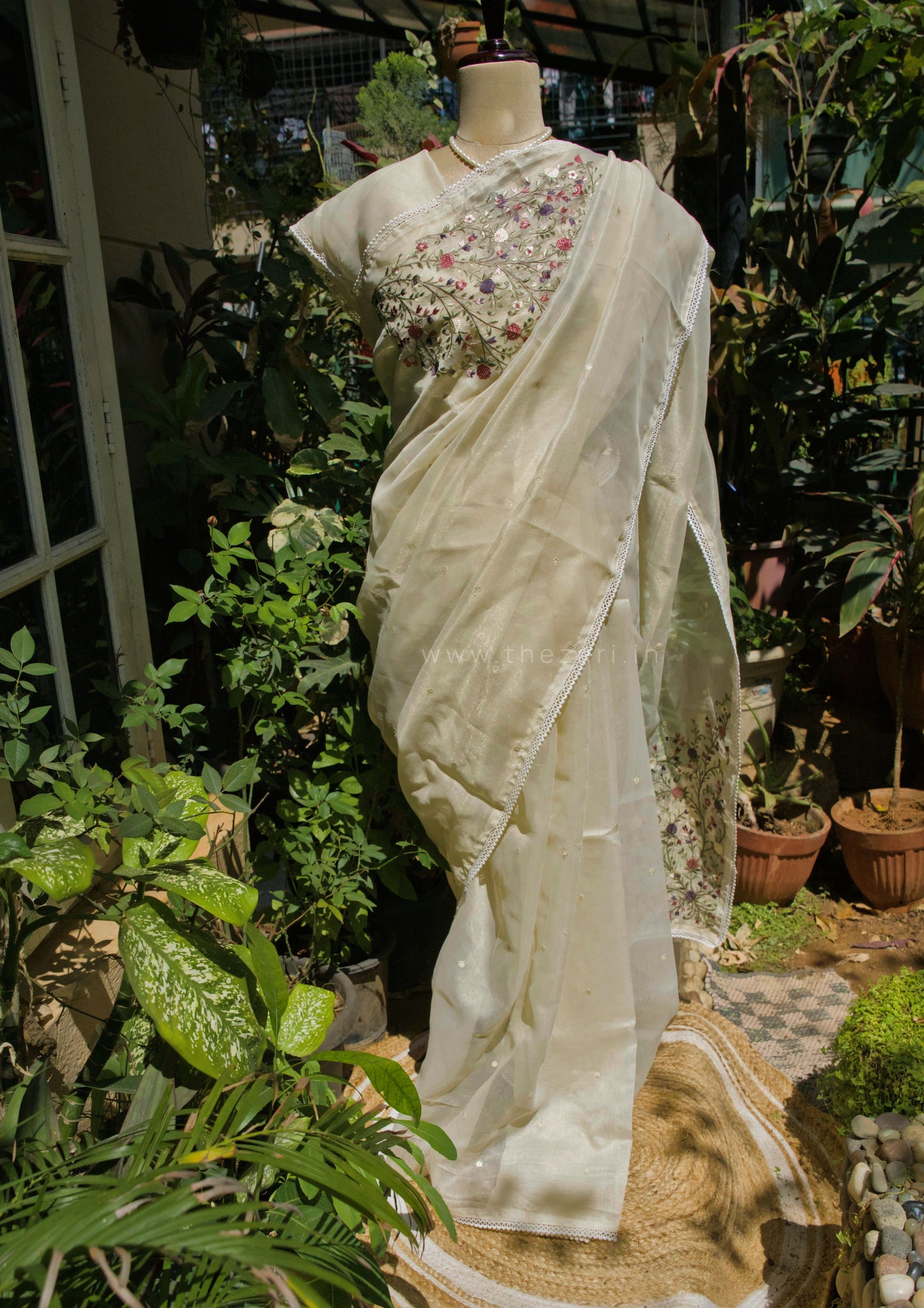 White Linen Tissue saree with Korean work