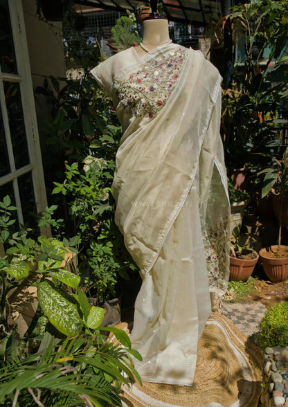 White Linen Tissue saree with Korean work