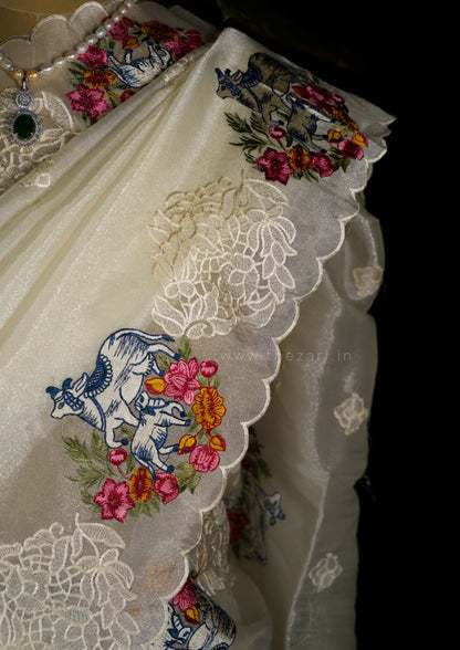 White Tissue Saree in Kamadhenu Motifs