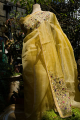 Yellow Linen Tissue saree with Korean work