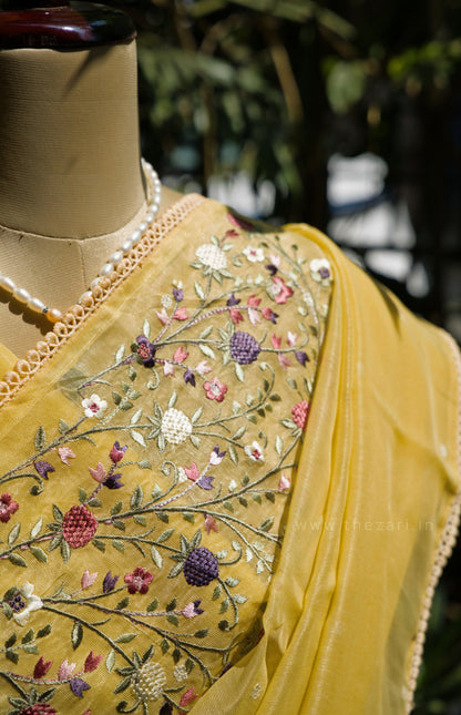 Yellow Linen Tissue saree with Korean work