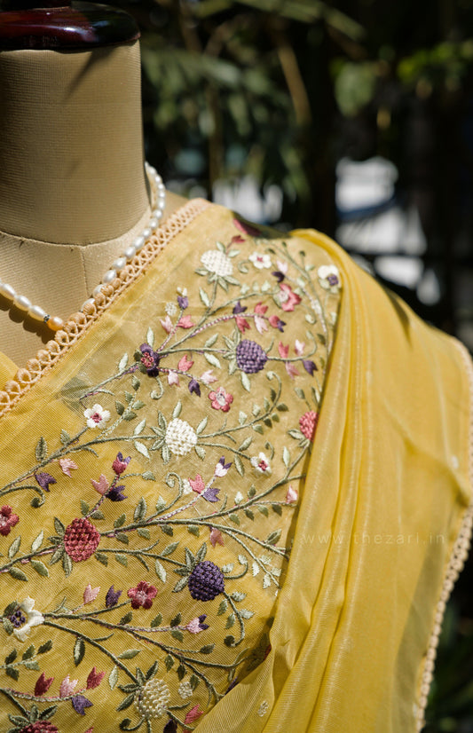 Yellow Linen Tissue saree with Korean work