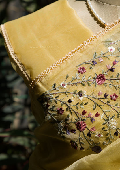 Yellow Linen Tissue saree with Korean work