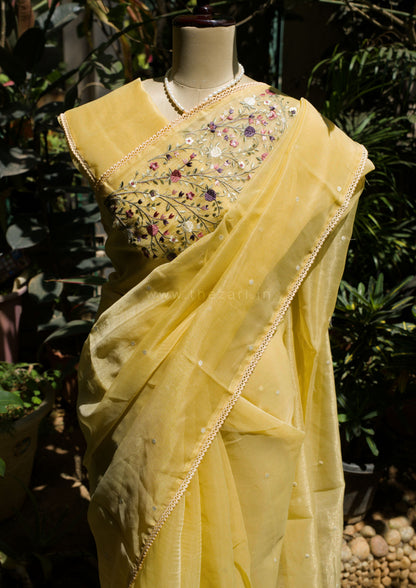 Yellow Linen Tissue saree with Korean work