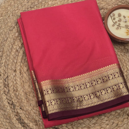 Pink With Maroon Border Semi Crepe Silk