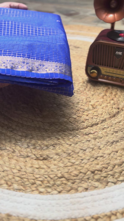 Blue Semi Mysore Crepe Silk Saree with Check Border