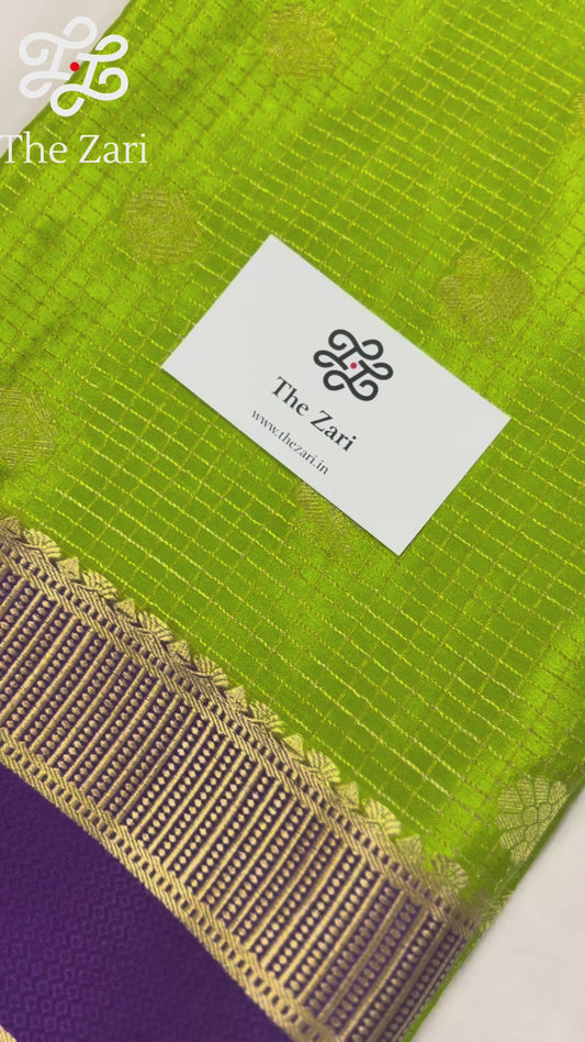 Pure Mysore Silk Saree in Checks with Peacock Buttas 120GSM